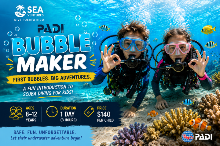 Two kids scuba diving with gear underwater, colorful coral, text promoting a scuba diving adventure for kids.