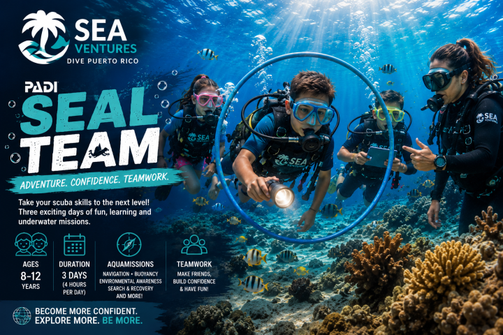 Group of kids in scuba gear underwater, holding a clear tablet, promoting PADI Seal Team adventure program.