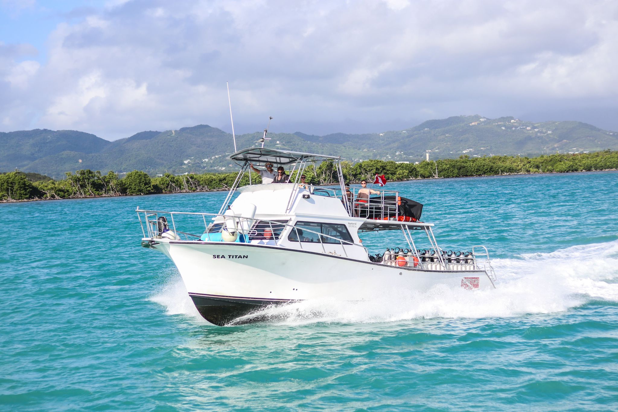 Snorkeling boat on turquoise water off Icacos Island, Fajardo Puerto Rico