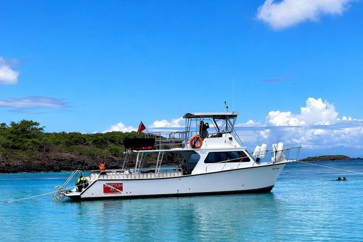 Boat anchored in clear blue water near a sandy beach under a bright sky.