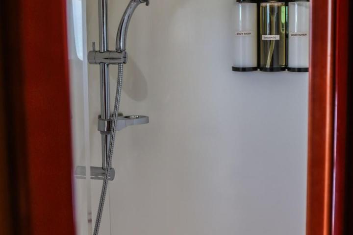 Small shower with handheld showerhead and mounted bottles on the wall.
